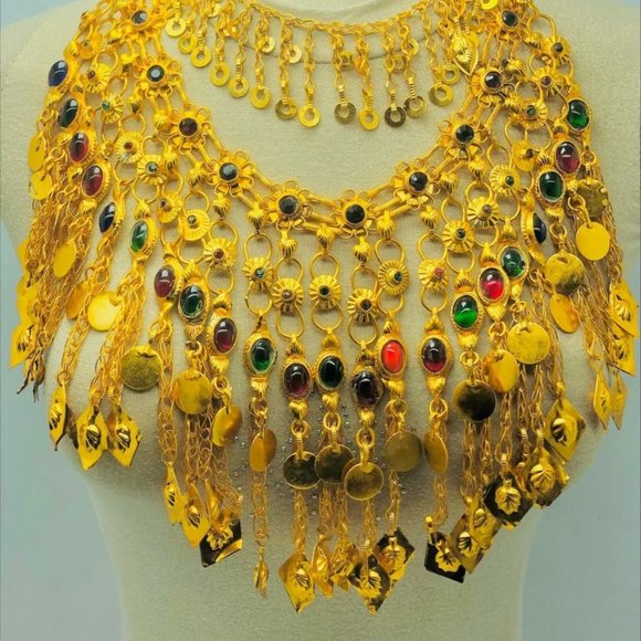 Golden Tone Choker Necklace With Long Dangling Tassels, Afghan Jewelry, Nomadic - Picture 6 of 13